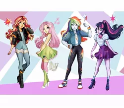 Size: 1080x941 | Tagged: safe, artist:princeivythefirst, derpibooru import, fluttershy, rainbow dash, sci-twi, sunset shimmer, twilight sparkle, equestria girls, equestria girls series, boots, clothes, converse, geode of empathy, geode of fauna, geode of super speed, geode of telekinesis, glasses, high heel boots, high heels, jacket, leather jacket, legs, magical geodes, miniskirt, ponytail, shoes, skirt, sneakers, socks, thigh highs