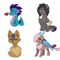 Size: 1280x1280 | Tagged: safe, artist:evergreen-gemdust, derpibooru import, oc, unofficial characters only, dragon, hybrid, pegasus, pony, bandage, female, interspecies offspring, male, next generation, offspring, parent:capper, parent:discord, parent:fluttershy, parent:princess ember, parent:rarity, parent:spike, parents:capperity, parents:discoshy, parents:emberspike, simple background, white background