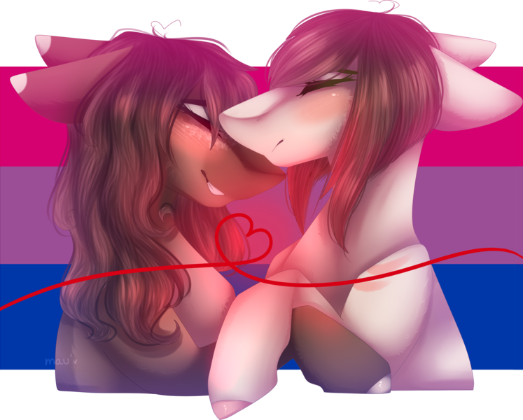 Size: 3111x2498 | Tagged: safe, artist:mauuwde, derpibooru import, oc, oc:leafy, oc:maude, unofficial characters only, earth pony, pony, bisexual pride flag, bisexuality, female, kissing, lesbian, lgbt, mare, oc x oc, pride, pride flag, red string of destiny, shipping