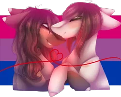 Size: 3111x2498 | Tagged: safe, artist:mauuwde, derpibooru import, oc, oc:leafy, oc:maude, unofficial characters only, earth pony, pony, bisexual pride flag, bisexuality, female, kissing, lesbian, lgbt, mare, oc x oc, pride, pride flag, red string of destiny, shipping