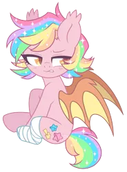 Size: 1343x1822 | Tagged: safe, artist:hawthornss, derpibooru import, oc, oc:paper stars, unofficial characters only, bat pony, pony, amputee, bandage, bat pony oc, bat wings, blushing, cute, cute little fangs, disgusted, ear fluff, fangs, female, frown, missing limb, ocbetes, simple background, sitting, transparent background, watermark, wings