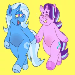 Size: 1280x1280 | Tagged: safe, artist:powdered-flowers, derpibooru import, starlight glimmer, trixie, pony, semi-anthro, unicorn, bipedal, eyebrows, female, hoof hold, lesbian, looking at each other, shipping, smiling, startrix