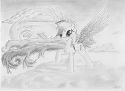 Size: 3510x2550 | Tagged: safe, artist:ratchethun, derpibooru import, rainbow dash, pony, cloud, female, mare, monochrome, raised hoof, sketch, smiling, solo, spread wings, traditional art, wings
