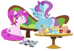 Size: 822x564 | Tagged: safe, artist:xylenneisnotamazing, derpibooru import, oc, oc:diamond gem, oc:magenta bows, unofficial characters only, pony, unicorn, cake, checkers, couch, cupcake, female, food, juice, mare, popcorn, sapphire, sapphire cupcake