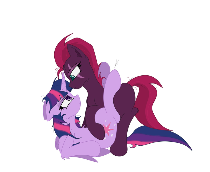 Size: 1844x1508 | Tagged: safe, artist:groomlake, derpibooru import, fizzlepop berrytwist, tempest shadow, twilight sparkle, twilight sparkle (alicorn), alicorn, pony, unicorn, my little pony: the movie, colored, female, legs in air, lesbian, lying down, mare, playing, shipping, simple background, tempestlight, white background