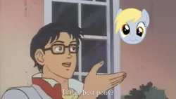Size: 800x450 | Tagged: safe, derpibooru import, edit, derpy hooves, human, pegasus, pony, :i, best pony, dead meme, derp, dialogue, female, glasses, head, is this a pigeon, looking at you, mare, meme, open mouth, smiling, subtitles, text, the brave fighter of sun fighbird