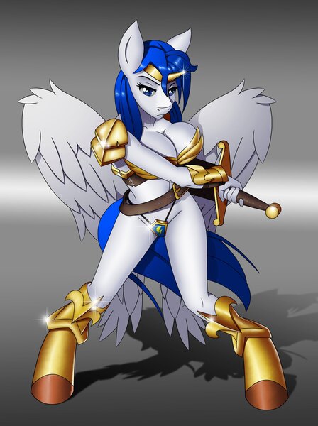 Size: 2550x3417 | Tagged: anthro, anthro oc, armor, artist:chacrawarrior, big breasts, breasts, cleavage, derpibooru import, female, guardsmare, mare, oc, oc:master valor mccloud, pegasus, royal guard, rule 63, skimpy armor, solo, solo female, suggestive, sword, unconvincing armor, unguligrade anthro, unofficial characters only, weapon