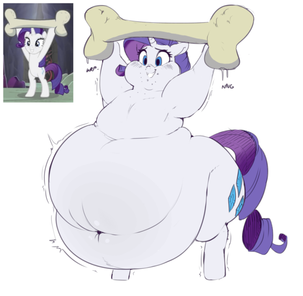 Size: 1280x1251 | Tagged: questionable, artist:sirmasterdufel, color edit, derpibooru import, edit, rarity, pony, school raze, armpits, ass, belly, belly button, big belly, bipedal, blushing, bone, butt, chubby cheeks, colored, deep navel, fat, female, huge belly, huge butt, jiggle, large belly, large butt, morbidly obese, obese, raritubby, rearity, scene interpretation, solo, solo female, stuffed