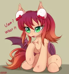 Size: 1280x1362 | Tagged: safe, artist:orang111, derpibooru import, oc, oc:kiria tangent, unofficial characters only, bat pony, pony, bat pony oc, bat wings, blushing, cheek fluff, chest fluff, cute, ear fluff, ear tufts, female, gray background, hair ornament, hoof fluff, leg fluff, lidded eyes, mare, ocbetes, open mouth, raised eyebrow, raised hoof, shoulder fluff, simple background, sitting, solo, spread wings, text, wings