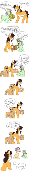 Size: 690x4096 | Tagged: safe, artist:pastel-charms, derpibooru import, oc, oc:apple butter, oc:lucky horseshoe, oc:pansy everfree, oc:sonata glazed, earth pony, pony, female, filly, flower, glasses, magic, male, mare, offspring, parent:applejack, parent:donut joe, parent:rarity, parent:troubleshoes clyde, parent:twilight sparkle, parents:rarijoe, parents:troublejack, stallion