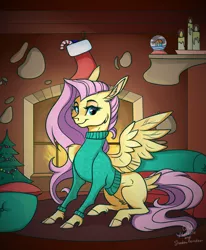 Size: 1747x2117 | Tagged: safe, artist:marbola, artist:shadowreindeer, derpibooru import, fluttershy, pegasus, pony, bottomless, candy, candy cane, christmas, christmas tree, clothes, cloven hooves, collaboration, comfy, cozy, female, fireplace, food, holiday, looking at you, mare, missing cutie mark, partial nudity, sitting, snow globe, solo, sweater, sweatershy, tail feathers, tree, unshorn fetlocks