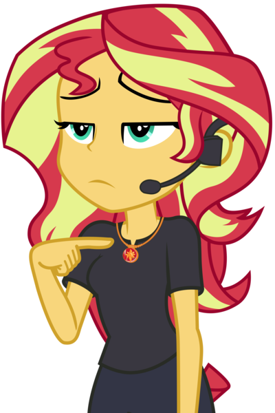 Size: 10000x15000 | Tagged: safe, artist:famousmari5, derpibooru import, sunset shimmer, equestria girls, equestria girls series, opening night, absurd resolution, clothes, cyoa, director shimmer, female, geode of empathy, headset, jewelry, magical geodes, necklace, opening night: twilight sparkle, pants, pointing, pointing at self, simple background, solo, sunset shimmer is not amused, transparent background, unamused, vector