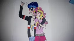 Size: 4096x2304 | Tagged: safe, artist:thenorwegianbrony, derpibooru import, flash sentry, sunset shimmer, equestria girls, female, flashimmer, male, requested art, shipping, straight, traditional art