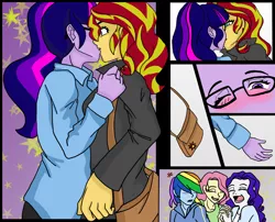 Size: 1396x1126 | Tagged: safe, artist:weezelsoup, derpibooru import, fluttershy, rainbow dash, rarity, sci-twi, sunset shimmer, twilight sparkle, equestria girls, alternate costumes, angry, blushing, comic, cutie mark, eyes closed, fanfic art, female, kissing, lesbian, link in description, one eye closed, scitwishimmer, shipper on deck, shipping, sunsetsparkle, surprise kiss