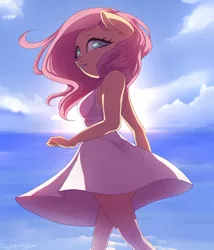 Size: 1440x1680 | Tagged: adorasexy, anthro, artist:regenda, breasts, clothes, commission, cute, derpibooru import, dress, female, fluttershy, looking at you, safe, sexy, shyabetes, sky, solo, sundress, ych result