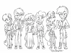 Size: 1200x900 | Tagged: safe, artist:tylerdashart, derpibooru import, applejack, fluttershy, pinkie pie, rainbow dash, rarity, twilight sparkle, twilight sparkle (alicorn), alicorn, anthro, earth pony, pegasus, unicorn, applejack's hat, belly button, black and white, clothes, converse, cowboy hat, cute, female, fishnets, freckles, grayscale, hand on hip, hat, jacket, lineart, long skirt, looking at you, mane six, midriff, miniskirt, monochrome, pants, pantyhose, pleated skirt, shirt, shoes, shorts, skirt, smiling, sneakers, socks, sweater, sweatershy, thigh highs