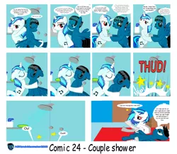 Size: 2560x2220 | Tagged: safe, artist:agkandphotomaker2000, derpibooru import, vinyl scratch, oc, oc:pony video maker, pony, 2016, accident, autumn, broken leg, canon x oc, comic, female, injured, kissing, love, male, old, shipping, shower, showering, straight, videoscratch