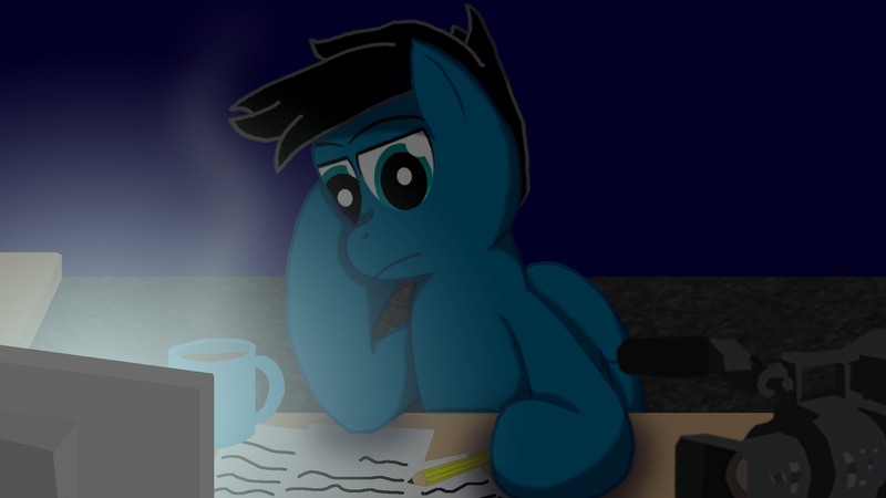 Size: 1920x1080 | Tagged: safe, artist:agkandphotomaker2000, derpibooru import, oc, oc:pony video maker, pony, computer room, drawing, idea brainstorm, night, solo, video maker