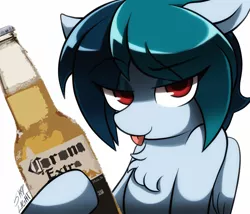 Size: 1400x1200 | Tagged: safe, artist:skylight, derpibooru import, oc, oc:delta vee, unofficial characters only, pegasus, pony, alcohol, beer, blackletter, chest fluff, corona, female, floppy ears, looking at you, mare, simple background, smiling, solo, tongue out, white background