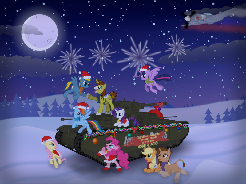 Size: 4000x3000 | Tagged: safe, artist:dolphinfox, derpibooru import, applejack, fluttershy, pinkie pie, rainbow dash, rarity, twilight sparkle, twilight sparkle (alicorn), oc, alicorn, pony, fireworks, happy new year 2014, la-7, mane six, moon, night, plane, snow, t-35, tank (vehicle)