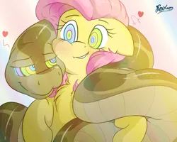 Size: 5000x4000 | Tagged: safe, artist:fluffyxai, derpibooru import, fluttershy, pony, snake, abstract background, coils, drool, floating heart, heart, hypnosis, hypnotized, kaa eyes, smiling, smirk, swirly eyes