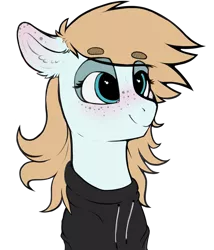 Size: 2436x2852 | Tagged: safe, artist:cold blight, derpibooru import, oc, oc:cold blight, unofficial characters only, pegasus, pony, beanbrows, blushing, clothes, eyebrows, female, freckles, hoodie, mare, simple background, smiling, solo, transparent background