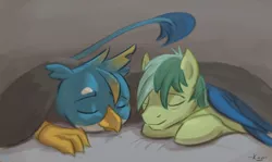 Size: 1280x762 | Tagged: safe, artist:kam, deleted from derpibooru, derpibooru import, gallus, sandbar, earth pony, gryphon, pony, blanket, claws, couple, duo, gallbar, gay, male, quadrupedal, shipping, sleeping, teenager, wing hold