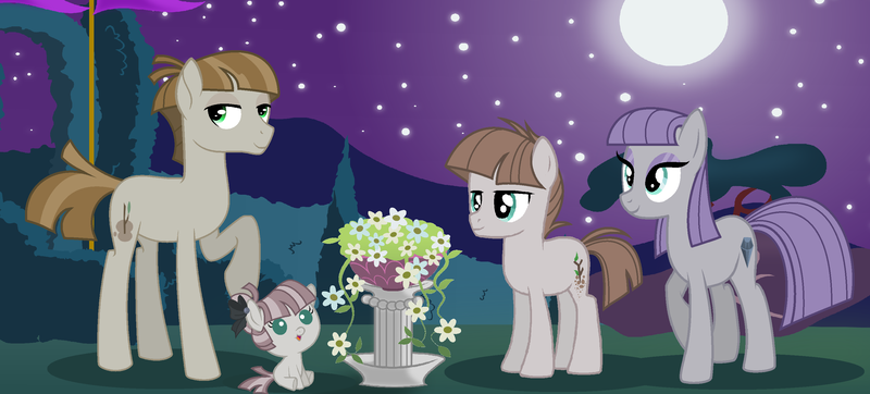 Size: 2964x1340 | Tagged: safe, artist:nocturna76, derpibooru import, maud pie, mudbriar, oc, pony, baby, baby pony, female, filly, male, maudbriar, missing accessory, moon, night, offspring, parent:maud pie, parent:mud briar, parents:maudbriar, shipping, straight, teenager, wrong cutie mark