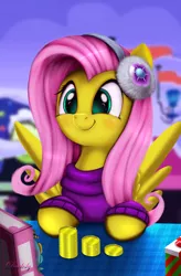 Size: 3360x5120 | Tagged: safe, artist:darksly, derpibooru import, fluttershy, holly the hearths warmer doll, pegasus, pony, best gift ever, bits, clothes, cute, earmuffs, female, happy, mare, scene interpretation, shyabetes, smiling, solo