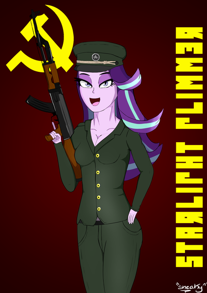 Size: 2480x3508 | Tagged: safe, artist:sneakycsgo, derpibooru import, starlight glimmer, human, equestria girls, ak-47, assault rifle, breasts, cleavage, clothes, communism, female, gun, hammer and sickle, rifle, solo, soviet, stalin glimmer, uniform, weapon