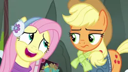 Size: 1280x720 | Tagged: safe, derpibooru import, screencap, applejack, fluttershy, holly the hearths warmer doll, pony, best gift ever, applejack is not amused, cute, earmuffs, unamused