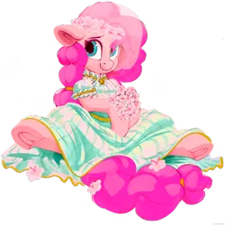 Size: 3000x3000 | Tagged: safe, artist:dimfann, color edit, derpibooru import, edit, edited edit, editor:seiken, pinkie pie, earth pony, pony, bouquet, clothes, colored, cute, dress, female, floppy ears, floral head wreath, flower, flower in hair, frog (hoof), hoof hold, looking at you, looking sideways, mare, simple background, sitting, smiling, solo, spread legs, spreading, transparent background, underhoof, wedding dress