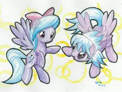 Size: 4000x3000 | Tagged: safe, artist:michiito, derpibooru import, cloudchaser, flitter, pegasus, pony, bow, duo, female, mare, siblings, sisters, traditional art, watercolor painting