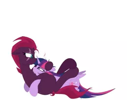 Size: 1748x1372 | Tagged: safe, artist:groomlake, derpibooru import, fizzlepop berrytwist, tempest shadow, twilight sparkle, twilight sparkle (alicorn), alicorn, pony, unicorn, my little pony: the movie, colored, female, hug, legs in air, lesbian, love, lying down, mare, relaxing, shipping, simple background, snuggling, tempestlight, white background