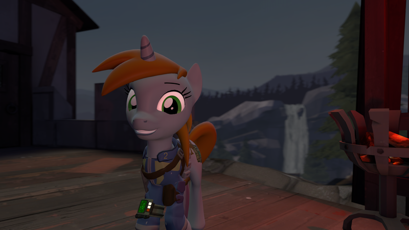 Size: 1920x1080 | Tagged: safe, artist:definta, derpibooru import, oc, oc:littlepip, unofficial characters only, pony, unicorn, fallout equestria, fanfic, 3d, clothes, cutie mark, degroot keep, fanfic art, female, grin, hooves, horn, mare, pipbuck, smiling, solo, source filmmaker, tree, vault suit