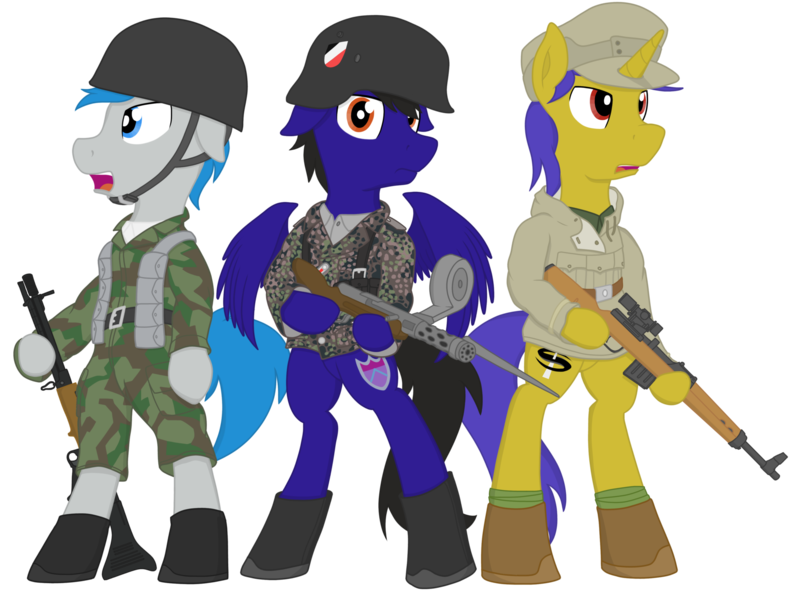 Size: 3500x2585 | Tagged: safe, artist:xphil1998, derpibooru import, oc, oc:gravity check, oc:paladin colt, oc:trigger hooves, pony, bayonet, belt, boots, camouflage, clothes, fg42, floppy ears, german, germany, gewehr 43, gun, jacket, military, military pony, military uniform, mp-18, open mouth, paratrooper, shoes, simple background, stahlhelm, submachinegun, transparent background, weapon, world war ii