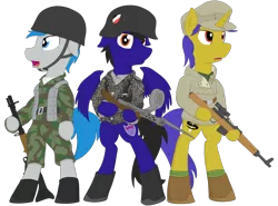 Size: 3500x2585 | Tagged: safe, artist:xphil1998, derpibooru import, oc, oc:gravity check, oc:paladin colt, oc:trigger hooves, pony, bayonet, belt, boots, camouflage, clothes, fg42, floppy ears, german, germany, gewehr 43, gun, jacket, military, military pony, military uniform, mp-18, open mouth, paratrooper, shoes, simple background, stahlhelm, submachinegun, transparent background, weapon, world war ii