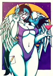 Size: 718x1024 | Tagged: anthro, artist:canvymamamoo, belly button, breasts, cleavage, clothes, cocktail, derpibooru import, female, glasses, navel cutout, oc, oc:canvy, pegasus, solo, suggestive, swimsuit, traditional art, unofficial characters only