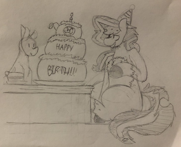 Size: 1280x1040 | Tagged: safe, artist:somefrigginnerd, derpibooru import, oc, oc:vozzii, unofficial characters only, pony, unicorn, birthday, birthday cake, cake, chest fluff, duo, food, generic pony, hat, male, monochrome, party hat, pencil drawing, plate, prone, simple background, sitting, sketch, smug, socks (coat marking), traditional art, woodman