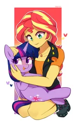 Size: 1697x2691 | Tagged: safe, artist:maren, derpibooru import, sunset shimmer, twilight sparkle, twilight sparkle (alicorn), alicorn, pony, equestria girls, equestria girls series, boots, clothes, color outline, cute, female, geode of empathy, heart, high heel boots, holding a pony, legs, magical geodes, mare, miniskirt, open mouth, shoes, skirt, smiling, square crossover, thighs, twiabetes