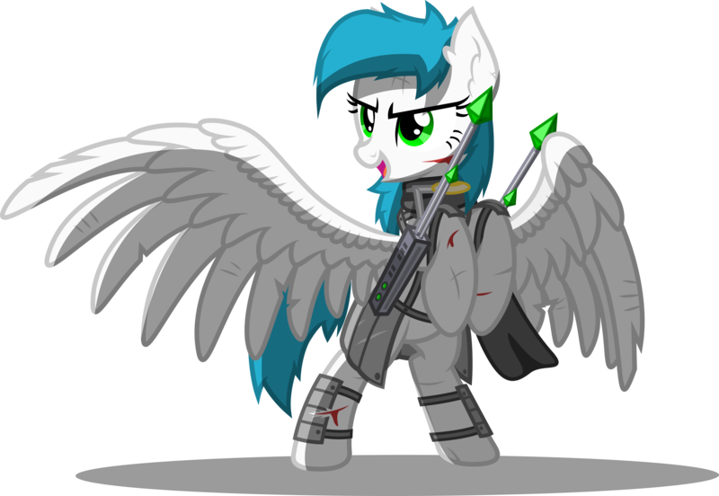 Size: 9953x6869 | Tagged: safe, artist:zylgchs, derpibooru import, oc, oc:cynosura, unofficial characters only, pegasus, pony, fallout equestria, fanfic, absurd resolution, armor, battle saddle, bipedal, clothes, dashite, ear fluff, energy weapon, fanfic art, female, gun, hooves, injured, large wings, magical energy weapon, mare, open mouth, scarf, simple background, solo, spread wings, transparent background, vector, weapon, wings