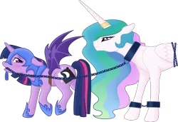 Size: 5987x4100 | Tagged: suggestive, artist:bri-sta, artist:negatif22, derpibooru import, princess celestia, twilight sparkle, twilight sparkle (alicorn), alicorn, pony, unicorn, absurd resolution, ankle cuffs, blushing, bondage, bondage cuffs, bondage gear, bound wings, chains, clothes, collar, colored, cosplay, costume, cuffs, fake wings, female, femsub, hobbled, hoof shoes, horn, horn ring, lesbian, magic suppression, mare, mouth hold, nightmare night costume, ring, roleplaying, shackles, shipping, simple background, slave, slit pupils, sublestia, submissive, transparent background, twidom, twilestia, unicorn twilight, wings