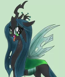 Size: 1022x1200 | Tagged: source needed, safe, artist:zigragirl, derpibooru import, queen chrysalis, changeling, changeling queen, cute, cutealis, cuteling, fangs, female, floppy ears, happy, looking at you, simple background, solo, tongue out, traditional art, wings