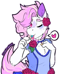 Size: 1921x2372 | Tagged: anthro, artist:iroxykun, candy, clothes, collar, color outline, crossdressing, derpibooru import, dress, femboy, flower, food, heart, heart pictogram, hybrid, lollipop, male, oc, oc:starbomb, pictogram, safe, solo, unofficial characters only, zebra