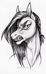 Size: 580x935 | Tagged: safe, artist:dementra369, derpibooru import, oc, oc:ruby drop, unofficial characters only, pony, angry, ballpoint pen, black and white, bust, fangs, female, frown, grayscale, gritted teeth, mare, monochrome, portrait, sketch, solo, traditional art