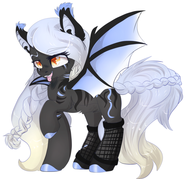 Size: 1280x1230 | Tagged: safe, artist:malicious-demi, derpibooru import, oc, unofficial characters only, bat pony, pony, bat pony oc, bat wings, braid, braided tail, cute, cute little fangs, ear tufts, fangs, female, fishnets, hoof polish, looking at you, mare, one hoof raised, orange eyes, raised eyebrow, silver hair, simple background, solo, spread wings, standing, stripes, tongue out, transparent background, wings