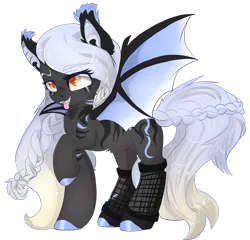 Size: 1280x1230 | Tagged: safe, artist:malicious-demi, derpibooru import, oc, unofficial characters only, bat pony, pony, bat pony oc, bat wings, braid, braided tail, cute, cute little fangs, ear tufts, fangs, female, fishnets, hoof polish, looking at you, mare, one hoof raised, orange eyes, raised eyebrow, silver hair, simple background, solo, spread wings, standing, stripes, tongue out, transparent background, wings
