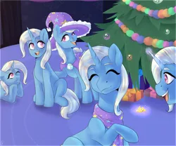 Size: 3000x2500 | Tagged: safe, artist:tigra0118, derpibooru import, trixie, pony, unicorn, cape, christmas, christmas tree, clothes, commission, eyes closed, female, hat, holiday, mare, multeity, tree, trixie army, trixie's cape, trixie's hat