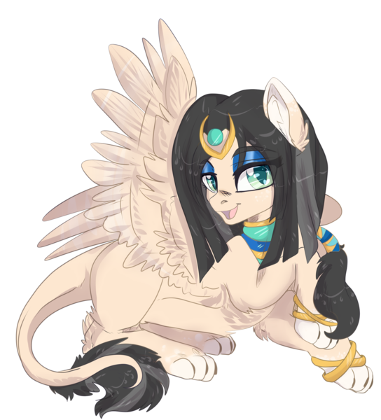 Size: 1280x1411 | Tagged: safe, artist:malicious-demi, derpibooru import, oc, unofficial characters only, original species, pegasus, pony, sphinx, sphinx pony, bangles, bracelet, claws, crown, diadem, eyeshadow, female, green eyes, grey hair, jewelry, leonine tail, looking right, makeup, mare, necklace, one hoof raised, open mouth, paws, prone, regalia, simple background, smiling, smug, socks (coat marking), solo, spread wings, tiara, transparent background, wings