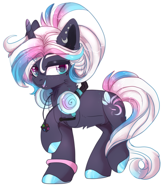 Size: 1280x1442 | Tagged: safe, artist:malicious-demi, derpibooru import, oc, oc:aurora, unofficial characters only, pony, unicorn, bracelet, controller, ear piercing, earring, eyeshadow, female, freckles, gradient eyes, headphones, headset, headset mic, heterochromia, hoof polish, horn, jewelry, makeup, mare, microphone, multicolored eyes, multicolored hair, necklace, one hoof raised, open mouth, partial heterochromia, piercing, playstation, simple background, snake bites, solo, stud, tongue piercing, transparent background